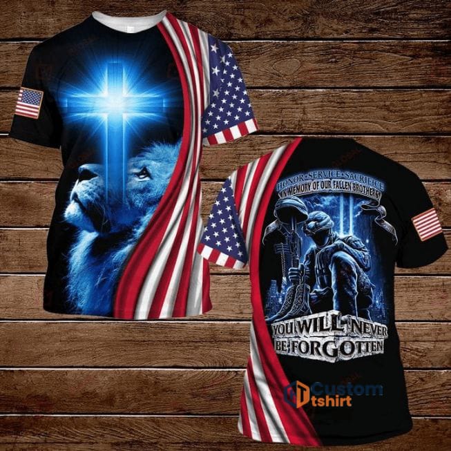 Lion Cross Memorial Day Honor Service Sacrifice In Memory Of Our Fallen Brothers All Over Printed 3D T-Shirt