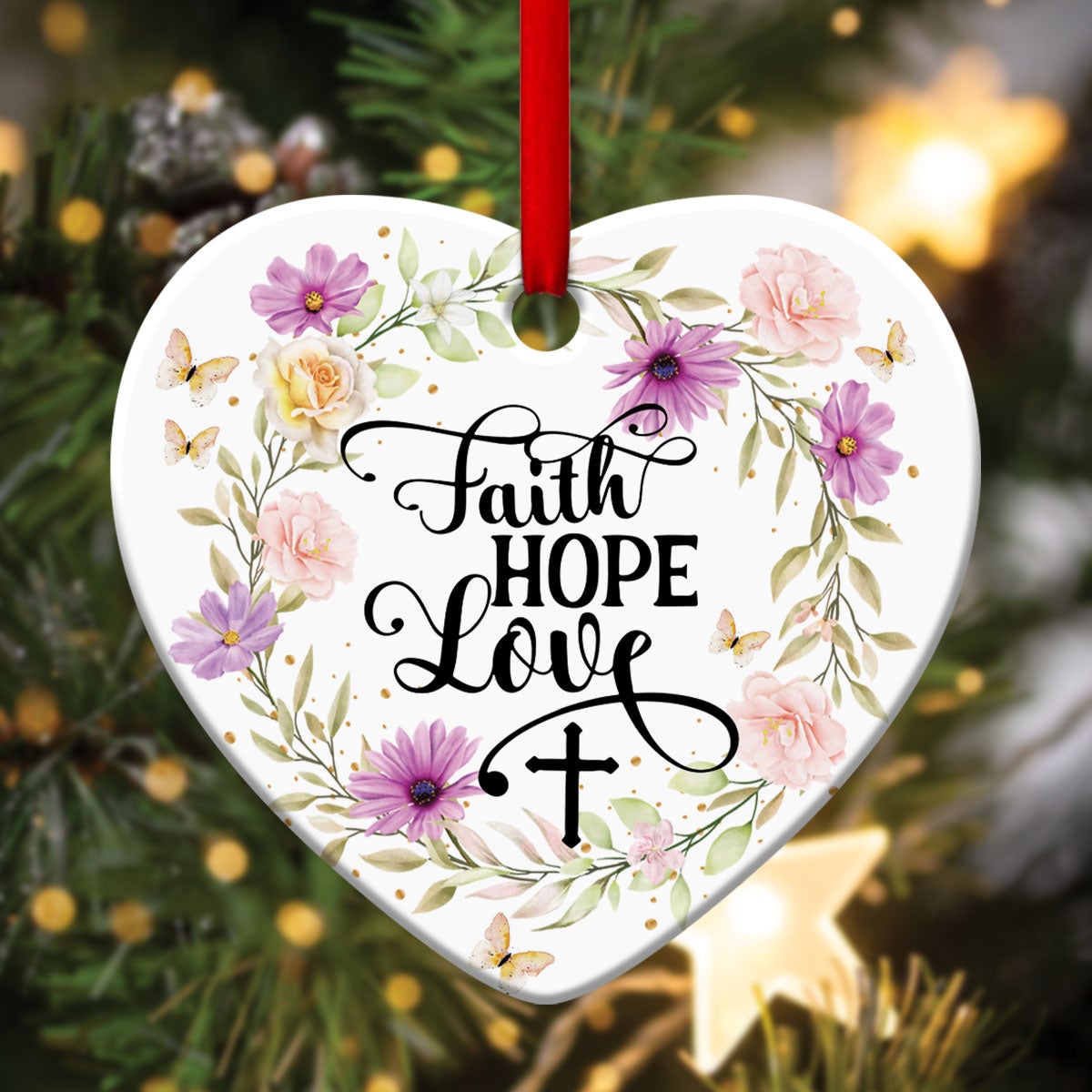 Faith, Hope And Love, Flower Ceramic Heart Ornament For Men Women