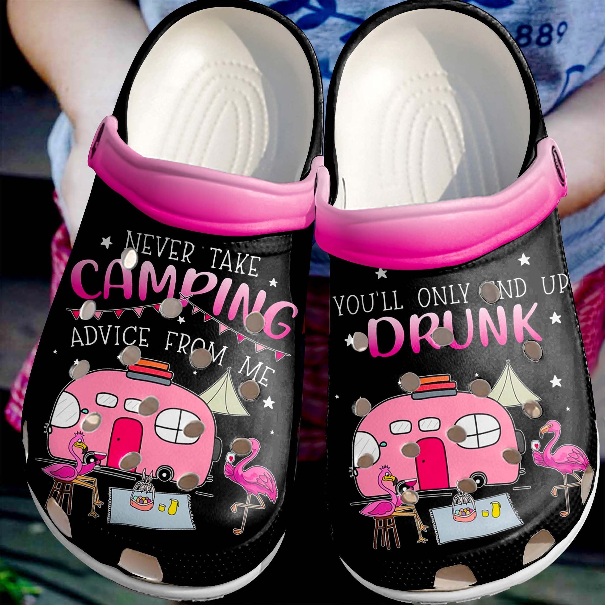 Flamingo You'll Only And Up Drunk, Never Take Camping Advice From Me Outdoor Clog Shoes Custom Birthday Gift Men And Women