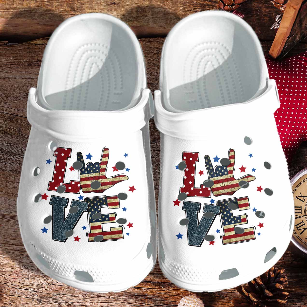 Love America USA Flag For 4th Of July Love Peace Clog Shoes Cute Birthday Gift For Men And Women