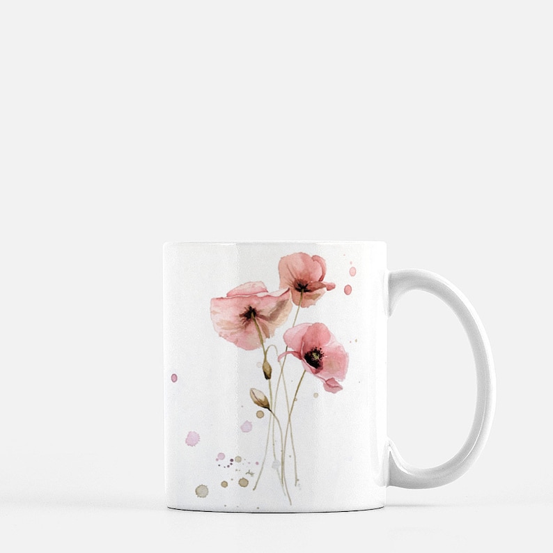 Poppy Flower Morning Mug Flowers Watercolor White Pink Gift For Women