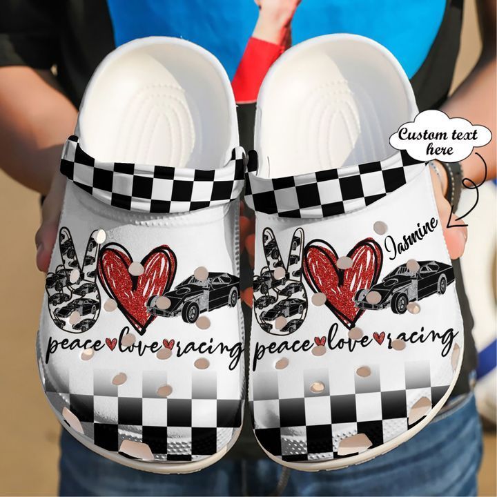 Racing Personalized Peace Love Clog Shoes Comfortable Cute Gift For Men And Women