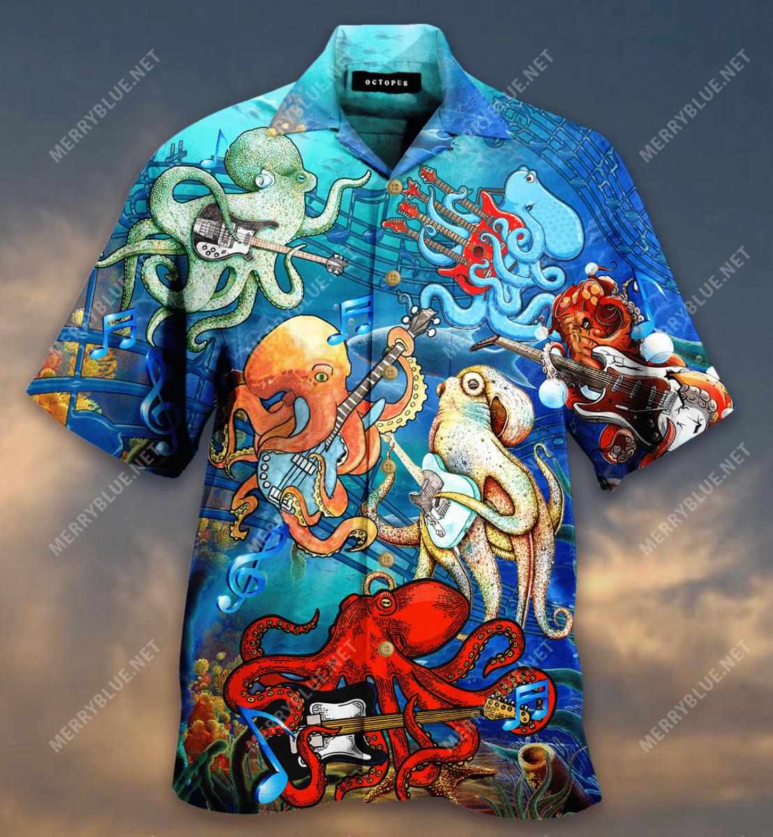 Rocktopus Octopus Playing Guitar Short Sleeve Hawaiian Shirt