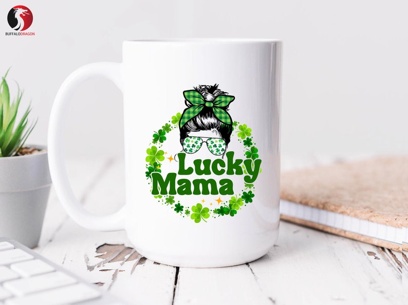 Vintage Lucky Mama Messy Bun St. Patrick's Day Coffee Mug Cute Gift For Men And Women