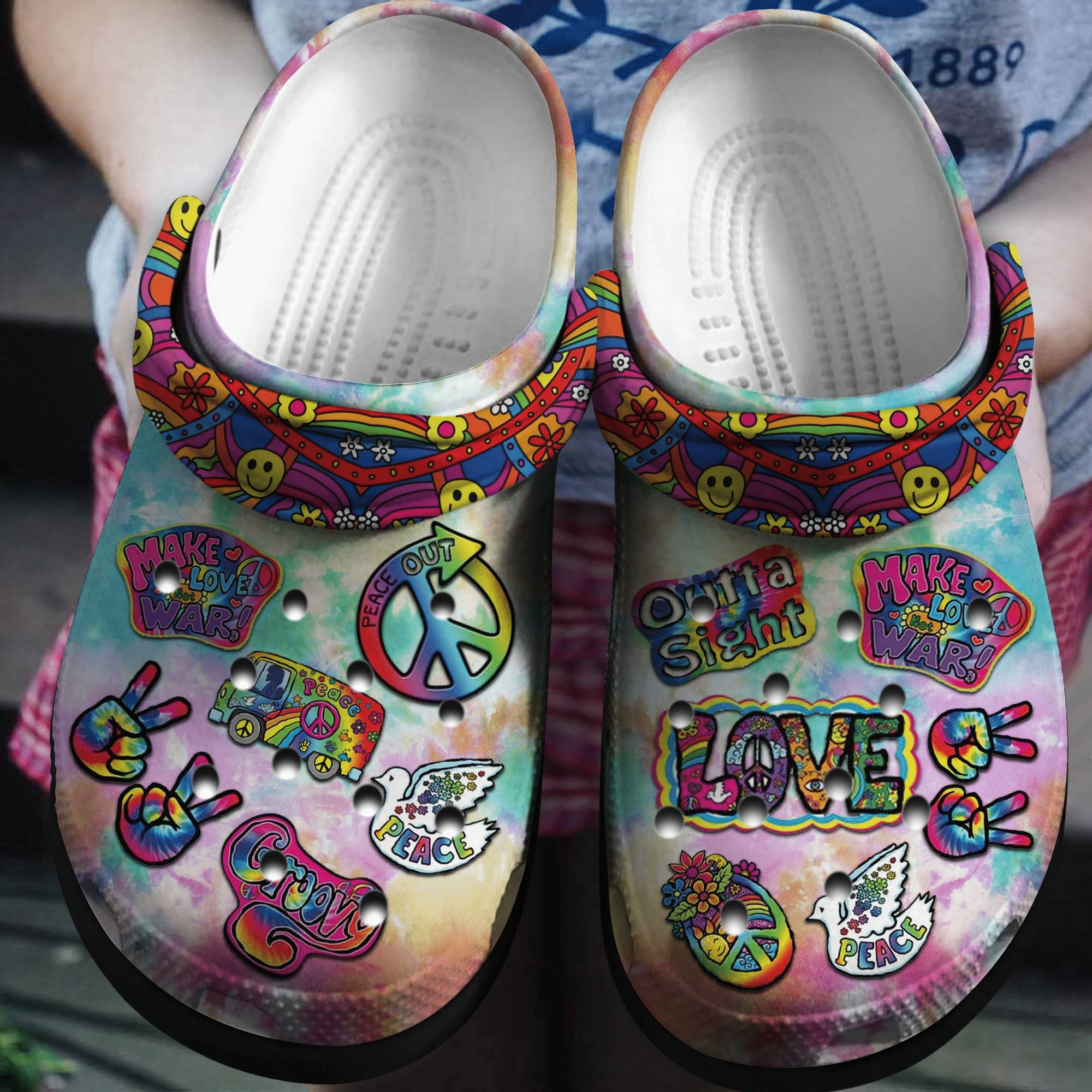 Peace Out Hippie Sticker Clog Shoes - Make Love War Clog Shoes bland Birthday Gift For Man Woman Boy Girl Product Photo 1 Product photo 1